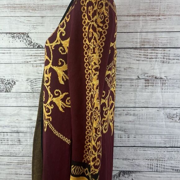 Vertigo Paris Gold Burgundy Motif Wool Open Front Long Cardigan Duster sz Small - Picture 14 of 16